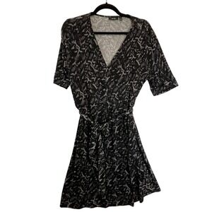 Apt. 9 Black & Gray Animal Print Faux Wrap Short Cuffed Sleeve Dress Size L
